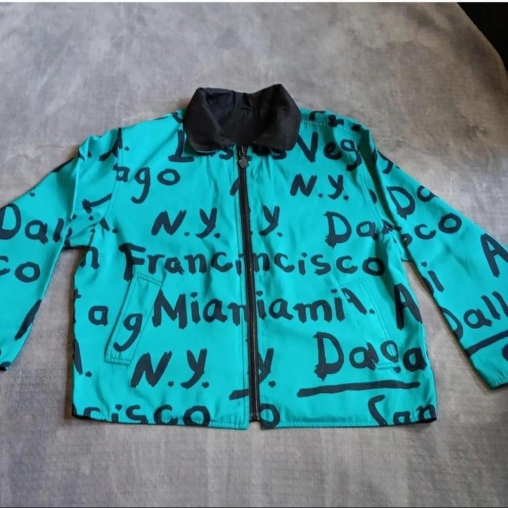 Vintage Reversible Teal Graphic Print City Jacket, L.A. N.Y. Miami San Francisco - Picture 3 of 7